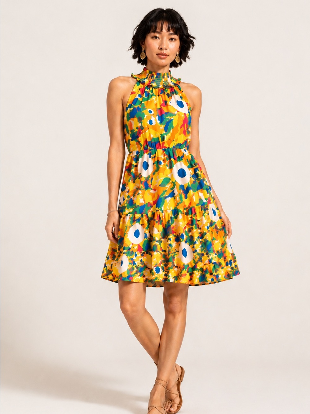 THML Abstract Smocked Neck Mini Dress XS Fits Like Small Colorful Ruffle Hem